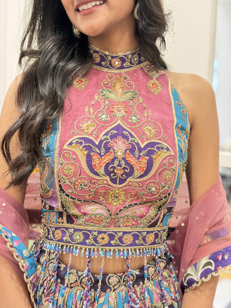 Rethira Purple Indo-Western Lehenga with Printed Embroidery and Tassel Detail