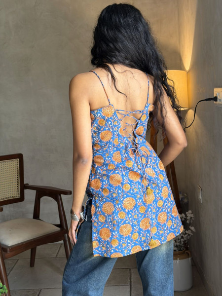 Mira Classic Blue Printed Spaghetti Strap A-Line Top