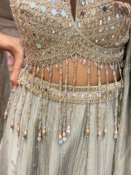 Virahi Grey Indo Western Lehenga Set with Mirror Work & Beaded Embroidery