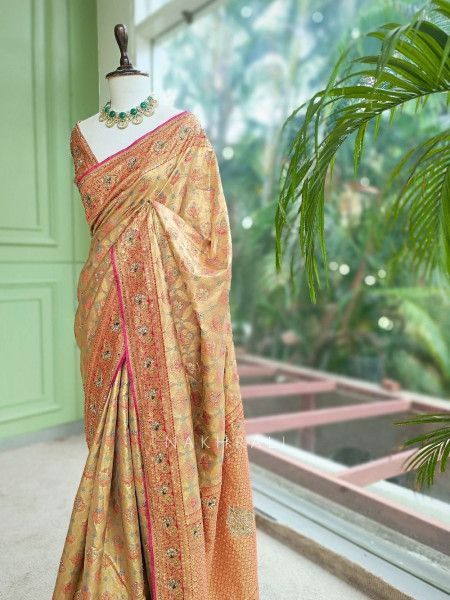 Sharvani Beige Saree With Meenakari Zari, Gota Patti & Zardozi Work