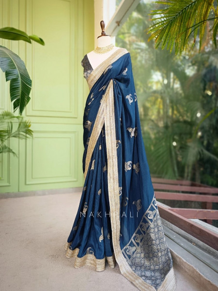 Tavira Teal Blue Saree with Broad Border and Unstitched Blouse Piece
