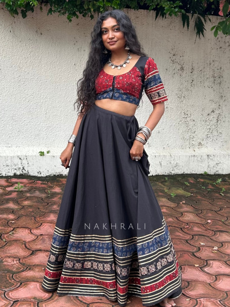 Garba Eclipse Black Maroon Pure Cotton Navratri Lehenga Choli