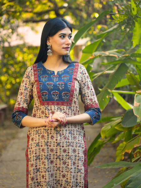 Niloufar Beige Cotton Kurta with Sequin Patch Work