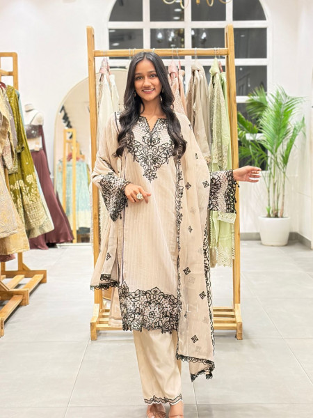Lunara Beige Cutwork Embroidered Kurta Palazzo Suit Set