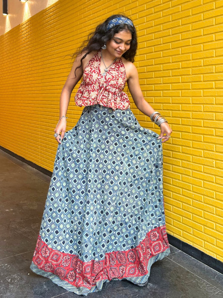 Kaya Diamond-Matrix Cotton Flared Skirt with Traditional Ethnic Trim