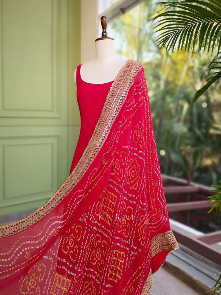 Emerald Red Anarkali Palazzo Set with Bandhej Dupatta and Border Work