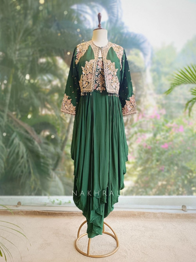Image of Meadow Aura Green Corset Dhoti Set with Embroidery