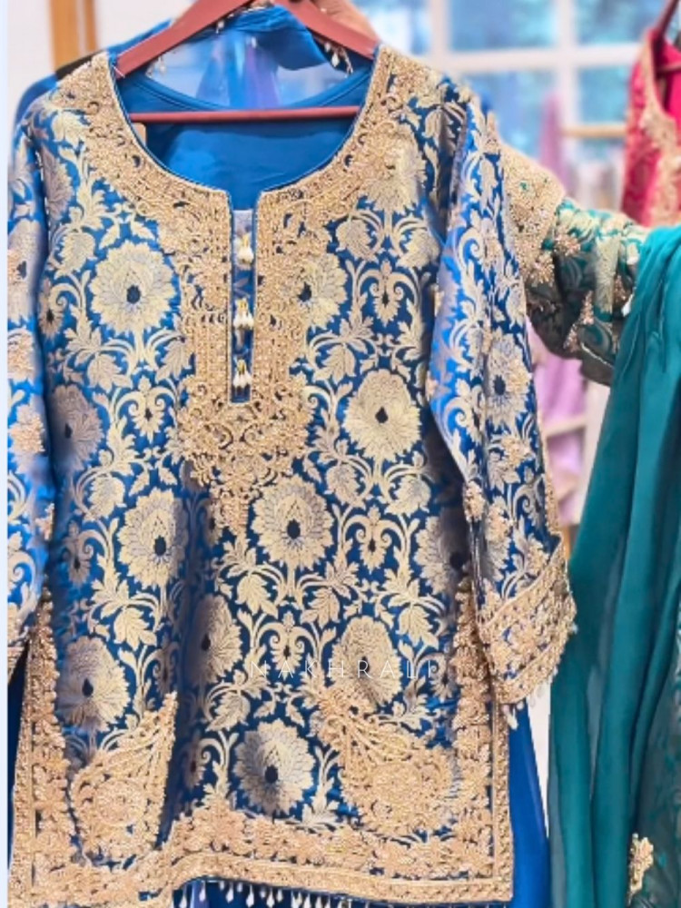 Image of Rivaya Blue Brocade Kurta Pant Set with Dupatta