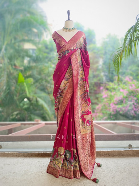 Sarang Wine Saree awith Kalamkari-Inspired Figurative Motifs