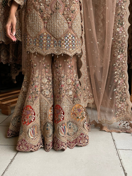 Gilded Heirloom Beige Tulle Net & Satin Silk Sharara Suit Set