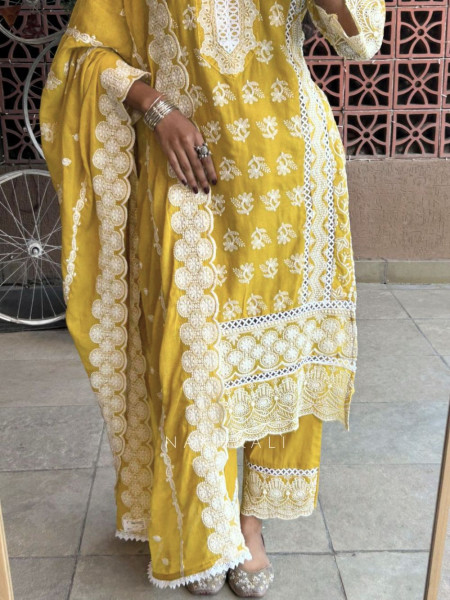 Mireya Mustard Cotton Suit Set with Lucknowi Embroidery
