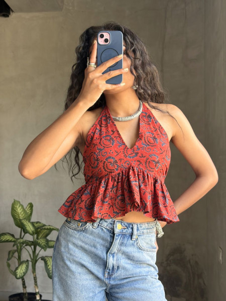 Roselle Frill Maroon Printed Crop Top