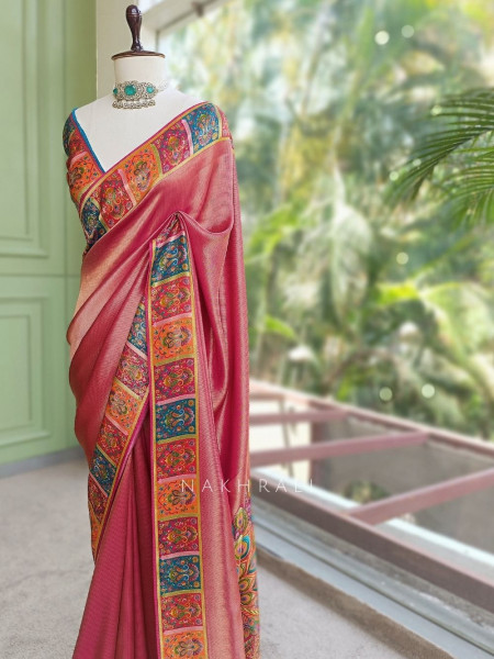 Triyogi Magenta Munga Tussar Soft Metallic Silk Saree with Pichwai Peacock Pallu