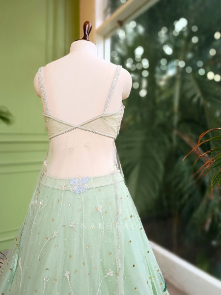Enchanted Bloom Green Net Lehenga with Sequin & Floral Embroidery