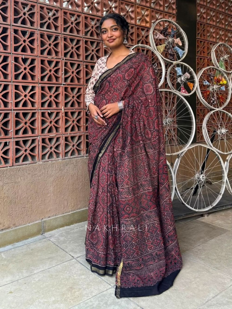 Image of Rubaab Brown Kota Doriya Saree with Ajrakh-Inspired Floral Print