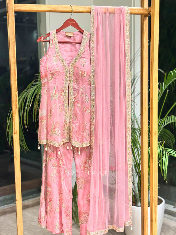 Image of Willow Bloom Pink Indo-Western Palazzo Kurta Set
