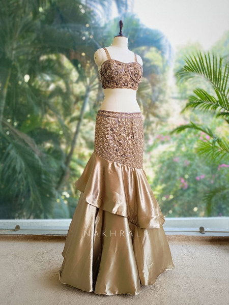 Arista Brown Satin Indo-Western Lehenga with Sequin Bead Work