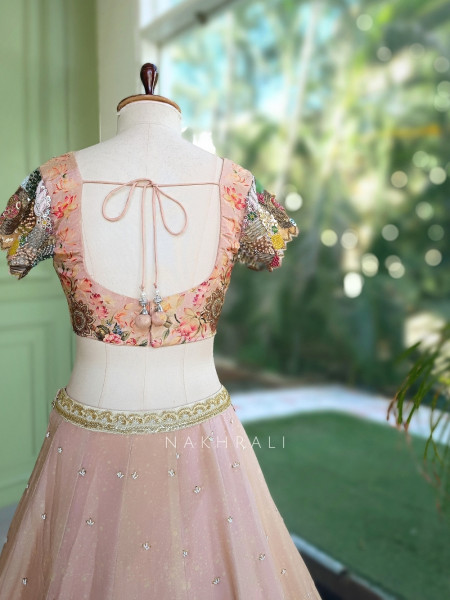 Pushpaveda Blush Pink Shimmer Lehenga With 3D Beadwork, Floral Print & Sequin Detail