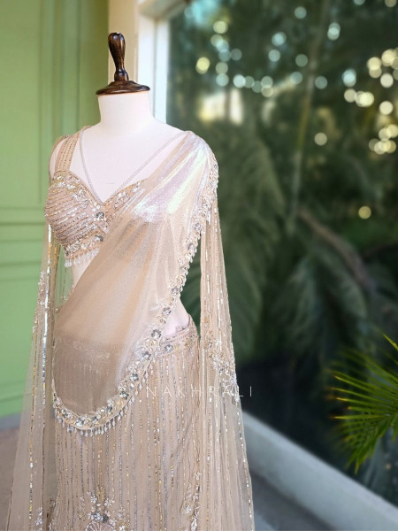 Lioré Beige Indo-Western Lehenga with Sequin and Leaf Work