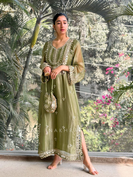 Poise Green Tissue Long Dress with Mirror and Zari Work