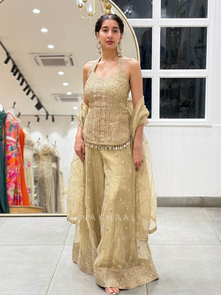 Image of Serene Pista Green Palazzo Set with Mirror Embroidery