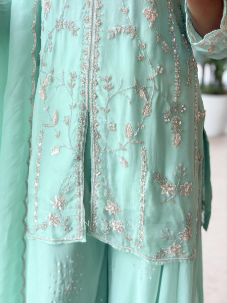 Sorrel Sea Green Organza Georgette Layered Sharara Suit Set
