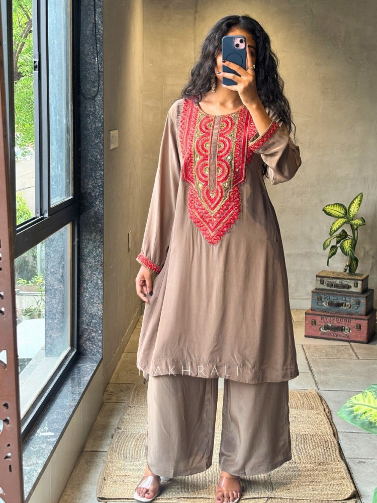 Image of Bib Tunic brown Kurta Palazzo Set
