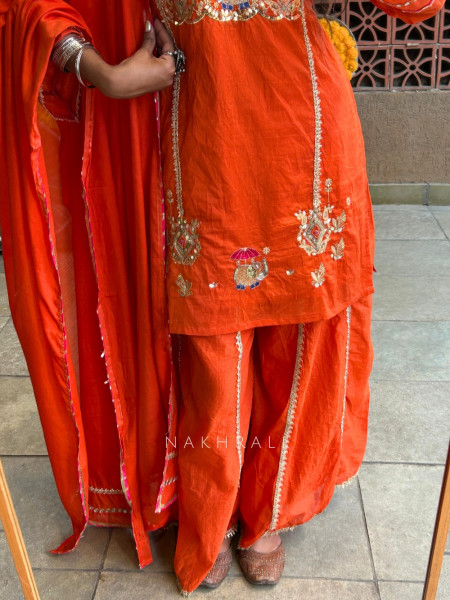 FestiveFolklore Orange Pure Chanderi Silk Sharara Suit Set With Zardozi & Elephant Motif Embroidery