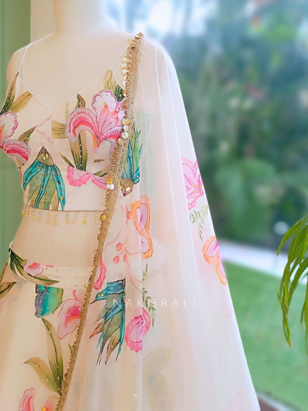 Rang-e-Gul Off-White Floral Indo-Western Lehenga with Sequin Embroidery