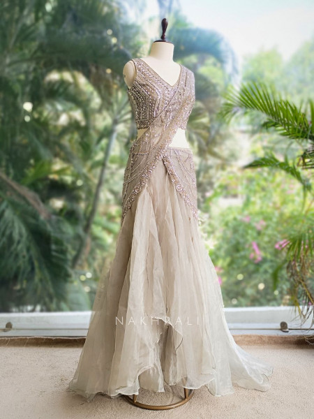 Alyra Grey Indo-Western Crop Top Skirt Set with Sequin Cut Dana Work