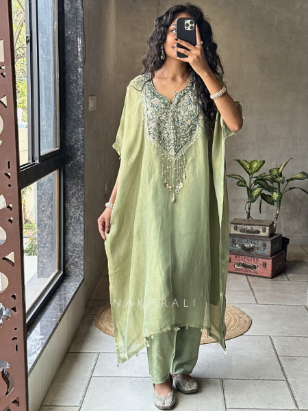 Riyana Green Kaftan Set with Heavy Embroidered Neckline