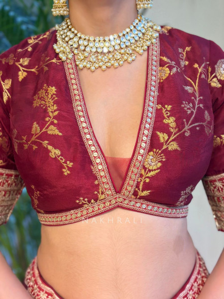 Orvian Maroon Lehenga Set with Floral Weave Sequin Border Work