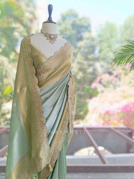 Skylight Pista Green Zari Weaved Saree with Embroidered Border