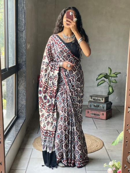 Prabha Cream Modal Saree with Ajrakh Print