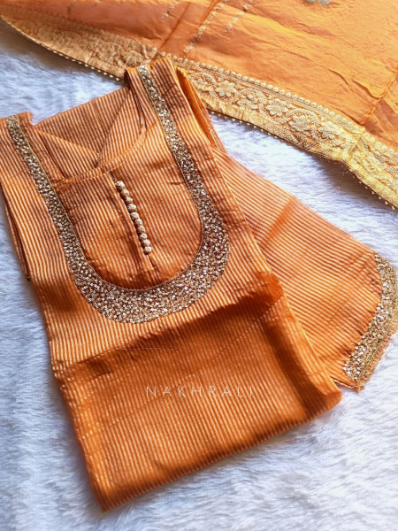 Noorline Glow Orange Semi-stitched Dress Material with Sequin and Cut Dana Work