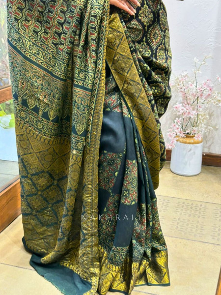 Earthbound Green Dola Silk Ajrakh Printed Saree
