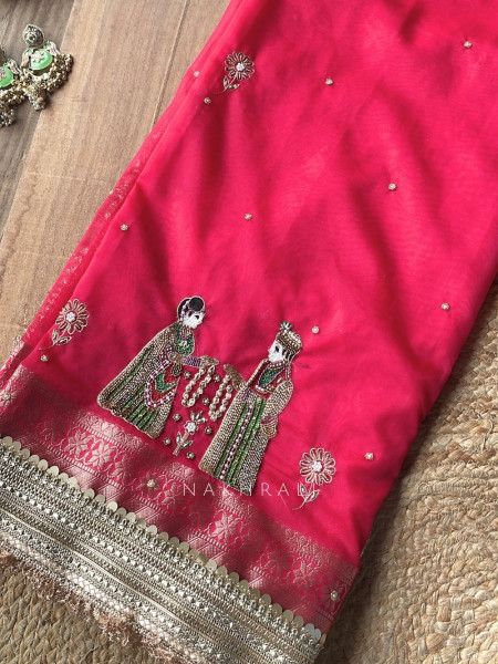 Kalpika  Red Organza Silk Saree With Jaimala Zardosi Motif Work