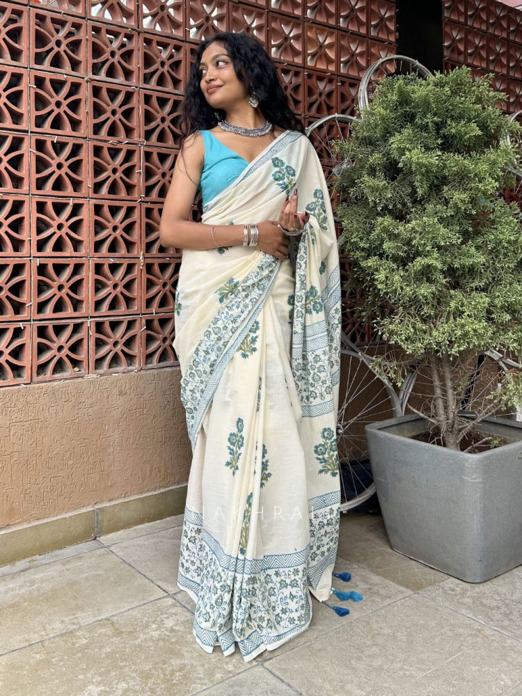 Image of Inku Cream Cotton Saree with Hand Block Print