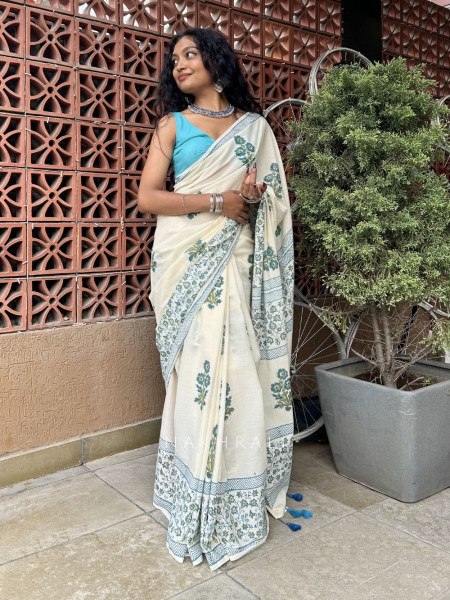 Inku Cream Cotton Saree with Hand Block Print