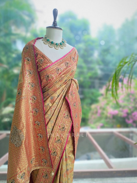 Sharvani Beige Saree With Meenakari Zari, Gota Patti & Zardozi Work