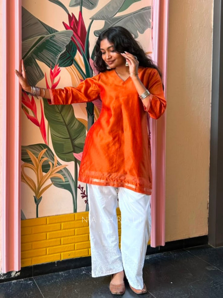 Rainbow Orange Short Kurti Minimal Border Detail