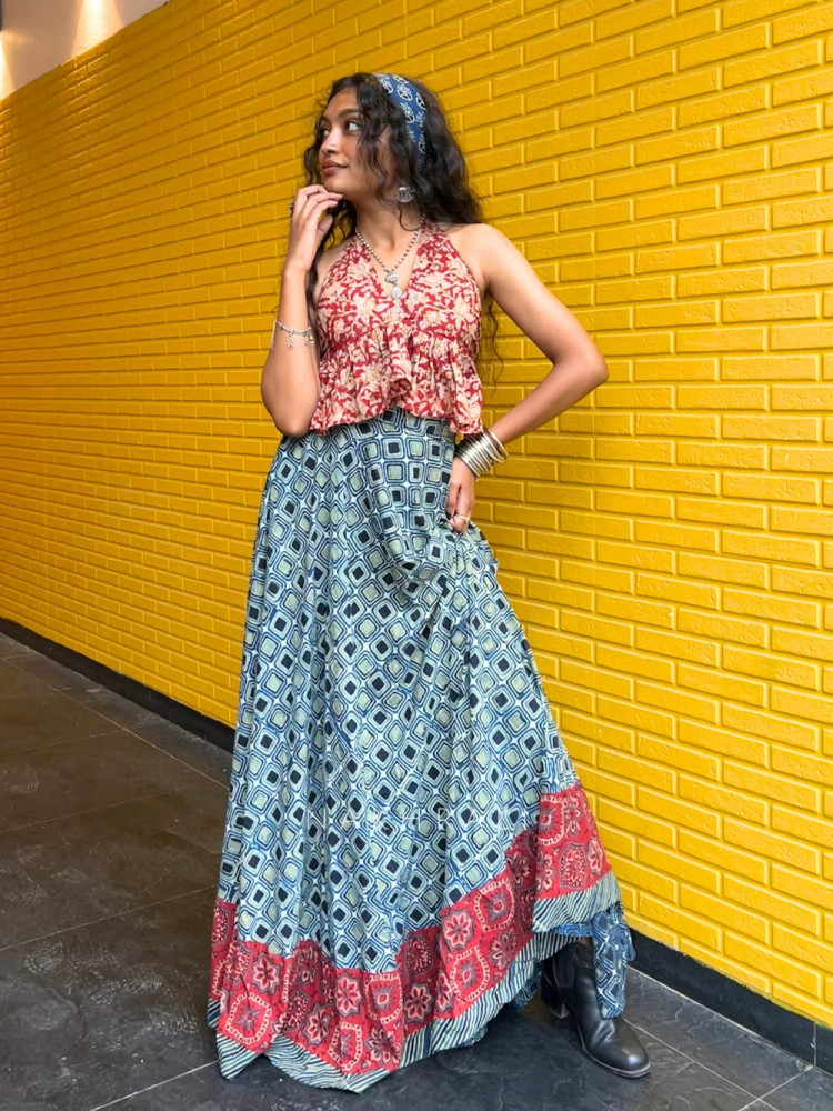 Image of Kaya Diamond-Matrix Cotton Flared Skirt with Traditional Ethnic Trim