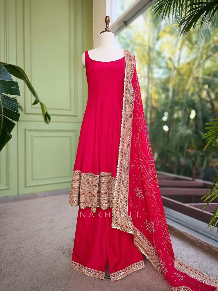 Image of Emerald Red Anarkali Palazzo Set with Bandhej Dupatta and Border Work