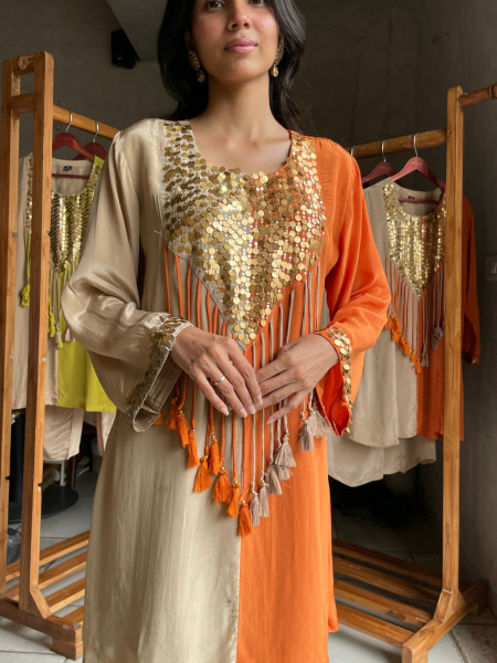 Festive Orange Dual-Tone Kurta Pant Set