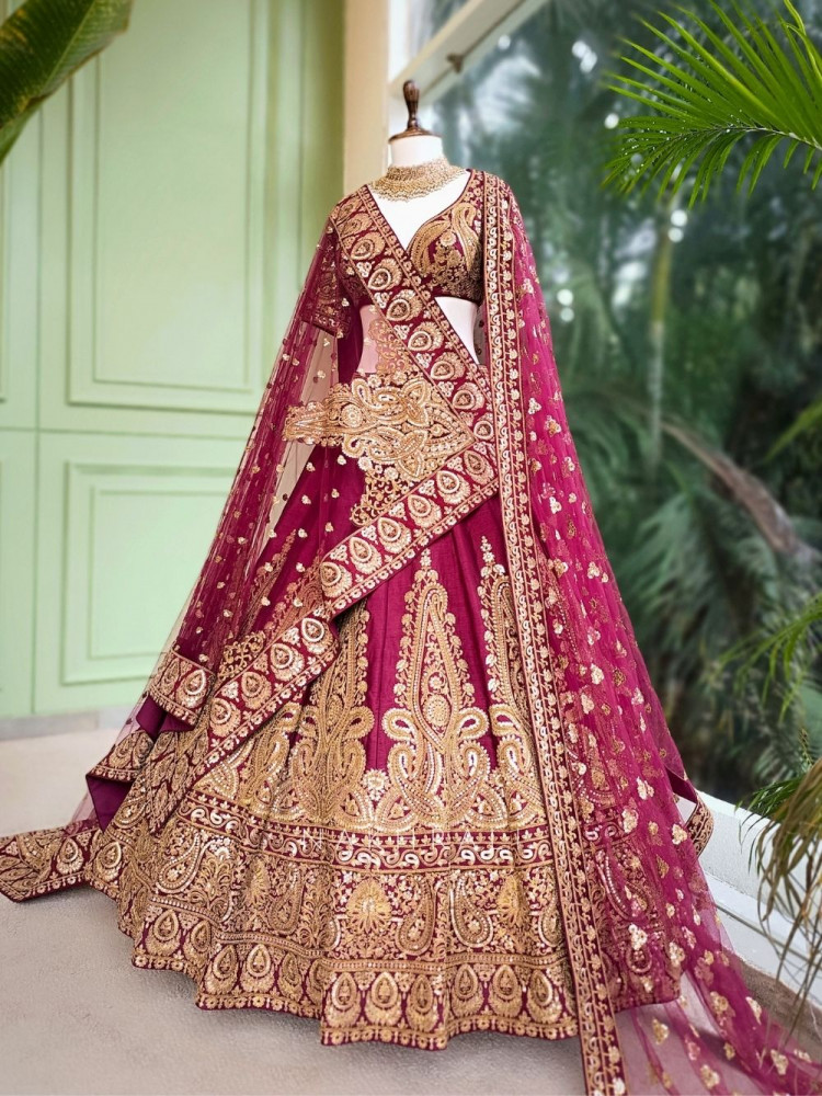 Image of Raudra Maroon Bridal Lehenga with Heavy Zari &amp; Sequin Work