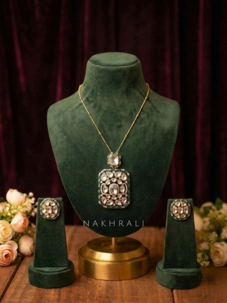 Suvritha Green Long Necklace Set With Stone-Studded Pendant Detail