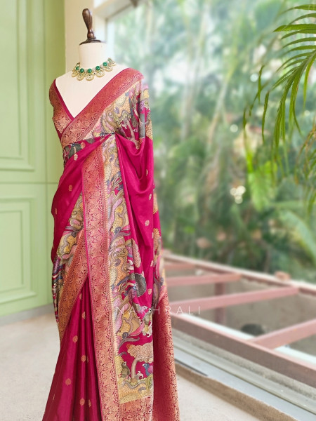 Sarang Wine Saree awith Kalamkari-Inspired Figurative Motifs