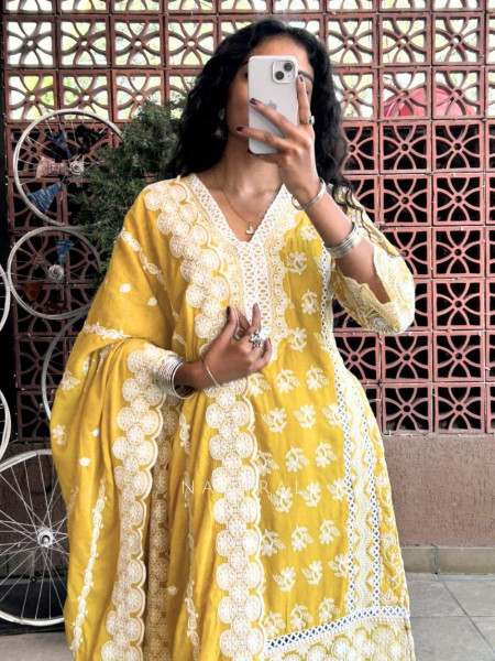 Mireya Mustard Cotton Suit Set with Lucknowi Embroidery