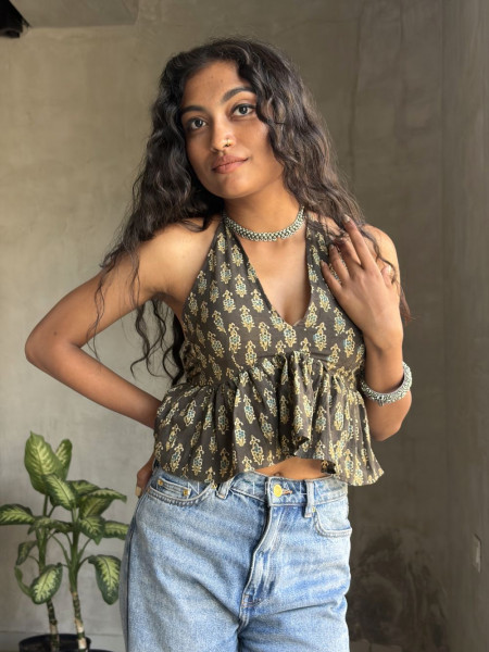 Roselle Frill Black Printed Crop Top