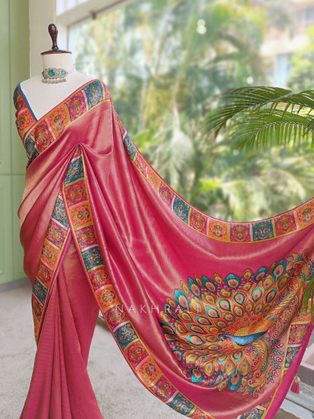 Triyogi Magenta Munga Tussar Soft Metallic Silk Saree with Pichwai Peacock Pallu